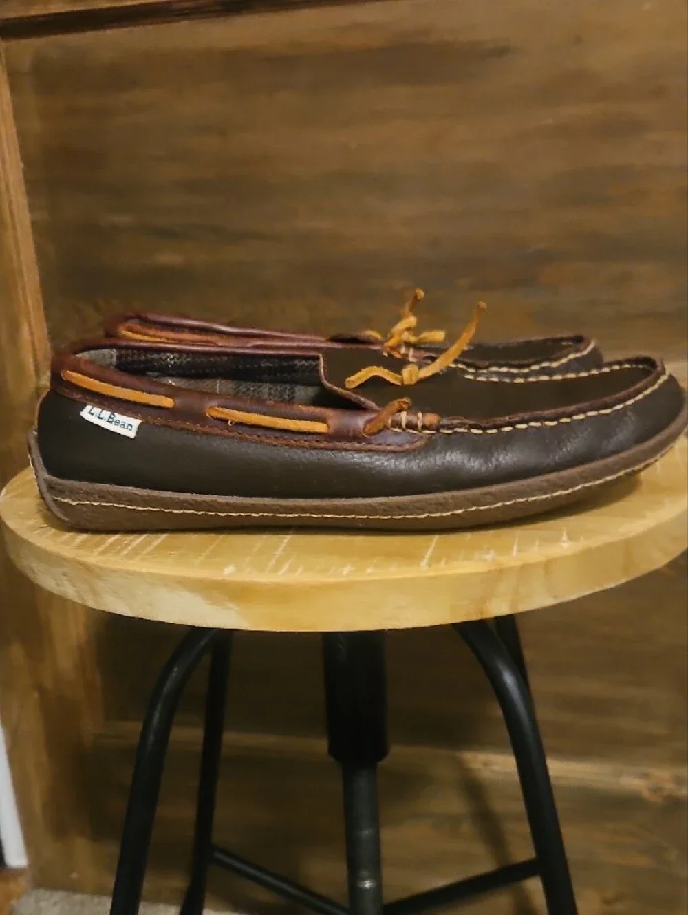 LL Bean Men's Brown Leather Moccasin Loafers with Tan Laces